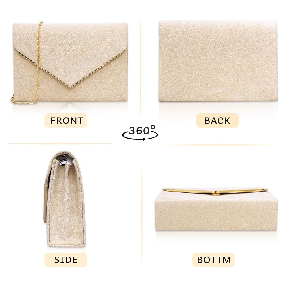 7805 Suede Clutch Purse , Elegant Apricot Envelope Evening Handbags & Chain - Picture 7 of 7